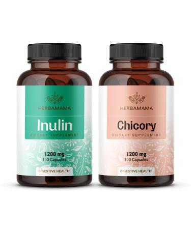 HERBAMAMA Inulin and Chicory Kit - Bundle of 1200 mg Inulin Fiber & 1200 mg Chicory Root Capsules - Vegan Non-GMO Gelatinl-Free - 2 Pack