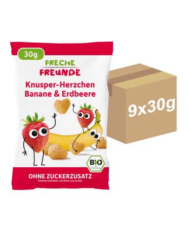 FRECHE FREUNDE Puffed organic corn with bananas and strawberry powder crunchy hearts vegan gluten-free 30 g (pack of 9) - Buy Online on GoSupps.com