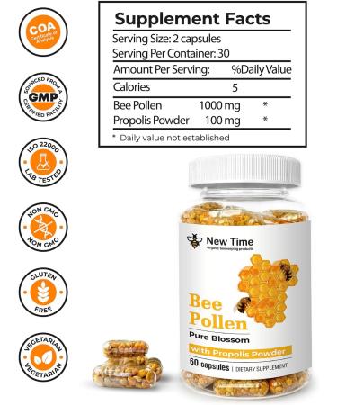 Bee Pollen Capsules with Propolis Organic Supplement for Energy Vitality Wellness Rich in Vitamins Immune Support & Nutrient Boost for Men & Women 100% Pure & Natural for Breast Growth 60 Count (Pack of 1) - Buy Online on GoSupps.com