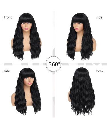 LuxeMelan Black Long Wavy Synthetic Bang Wig - Ocean Wavy Machine Wig for Women | Beginner-Friendly & No Glue Needed - Ideal for Cosplay & Parties - Buy Online on GoSupps.com