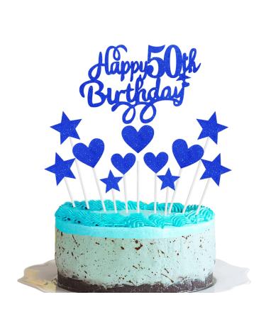 Happy 50th Birthday Cake Toppers Blue Personalised for Men Women Him Her 6 Star 5 Heart Customised 50th Birthday Cupcake Cake Toppers Decoration for 50th Bithday Party Happy Birthday Sign for Cake