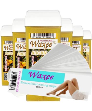 6x 100ml roll-on wax roller wax cartridge refill + 100 waxing strips from UK brand Waxee!- Argan.
