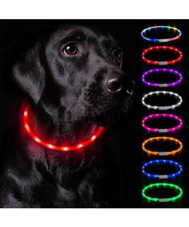 Nepfaivy LED Dog Collar USB Rechargeable - Luminous Waterproof Dog Collar with Adjustable Length LED Collar for Dogs with 3 Lighting Modes for Safety Red Silicone - Red
