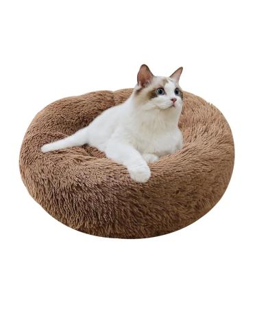 Cat Beds for Indoor Cats,24 Inch Round Donut Washable Cat Bed,Fluffy Calming Self Warming Soft Donut Cuddler Cushion Pet Bed for Small Dogs Kittens,Non-Slip 20in Brown