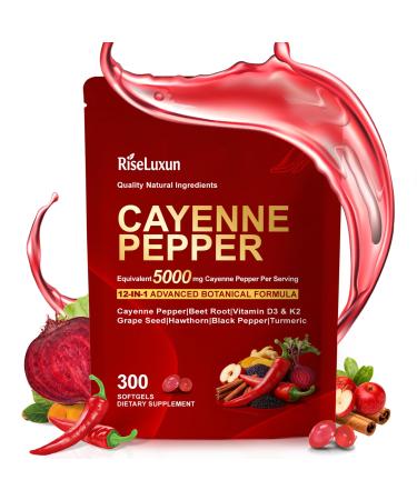RiseLuxun 12-in-1 Cayenne Pepper Capsules Supplement* 5000mg Per Serving Containing | Vitamin D3 K2+E & Extracts of Grape Seed Hawthorn Beetroot Berberine Other Extracts