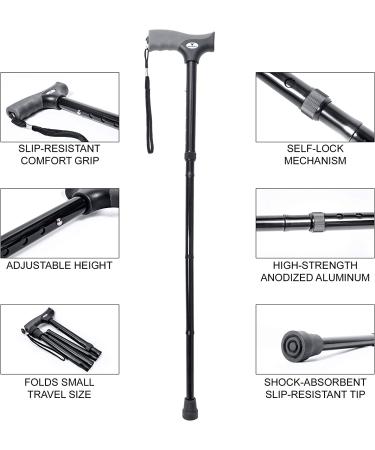 Vaunn Medical Easy Grip Adjustable Folding Cane Walking Stick - Compact & Safe Assistive Mobility Aid for Men, Women, Elderly, Disabled, and Pregnant - Black/Gray - Buy Online on GoSupps.com