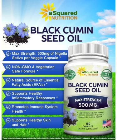 Black Cumin Seed Oil 500mg - 180 Capsules - Cold Pressed Nigella Sativa Supplement for Skin & Hair Health - Virgin & Non-GMO - Buy Online on GoSupps.com