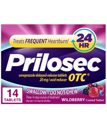 Prilosec OTC Omeprazole Delayed Release 20mg Acid Reducer Treats Frequent Heartburn for 24 Hour Relief All Day All Night* Wildberry Flavor 20mg 14 Tablets