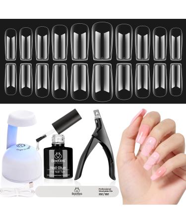 Beetles Gel Nail Kit Easy Nail Extension Set 5 In 1 Nail Glue Gel Base Coat with Pre shaped Medium Square Gel Nail Tips and Uv Led Nail Lamp Acrylic Nail Clipper Nail Art Gifts for Women Square Medium