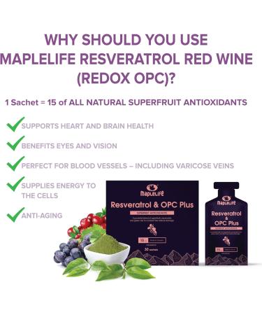Resveratrol Antioxidant Supplement- OPC Plus- Trans Resveratrol for Excellent Skin Health and Heart Circulation Liver with Grape Seed Green Tea Extract Goji and Pomegranate - 30 Sachets - Buy Online on GoSupps.com