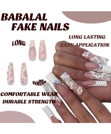 Buy BABALAL Coffin Press on Nails - Long White French Tip Gel Nails with Rhinestone Flower | Ballerina Stick on Nails for Women & Girls | NK702white - Fast International Shipping - Buy Online on GoSupps.com
