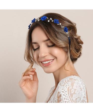 OIIKI Crystal Navy Blue Flower Crown Bridal Headband with Earring - Wedding Hairpiece for Women and Girls - Buy Online on GoSupps.com