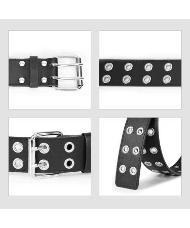 Double Grommet PU Leather Punk Belt for Women Men - 1.5 Wide 2 Hole Belts - A-Black - Fits Waist Up to 34 - Buy Online on GoSupps.com