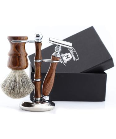 Haryali London Razor Set - 3 -part razor set made of wood - double edge safety razor - Super roof hair brush - wooden rack and stainless steel - sustainable shaving set as a gift set