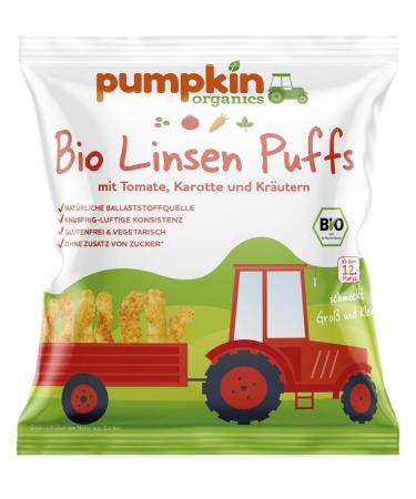 Pumpkin Organics Organic Lentil Puffs with Tomato Carrot & Herbs for children and babies from 12 months pack of 24 (24x20g)
