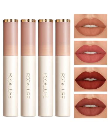 FOCALLURE 4Pcs Matte Lipstick Makeup Set Velvety Liquid Lipstick Waterproof Long Lasting Lip Gloss Kit Smooth Sillky Nude Lipstick for Girls and Women Set B