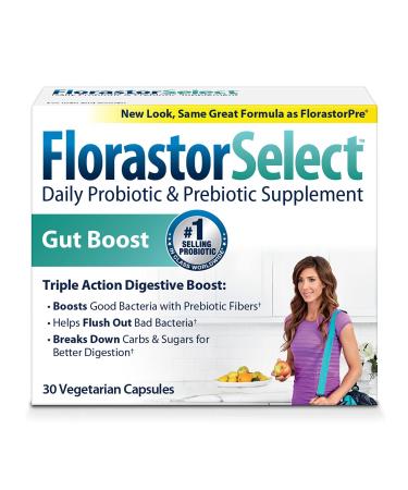 Florastor Select Gut Boost Daily Probiotic & Prebiotic Supplement for Women and Men, Boosts Good Bacteria, Saccharomyces Boulardii CNCM I-745 (30 Capsules)
