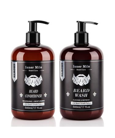 Beard Wash and Conditioner Set (Large 17 oz each), New Beard Growth Formula with Biotin Argan & Jojoba Oils, Smooth Soften Strengthen, Beard Shampoo w/Beard Oil Conditioner Gifts for Men Ocean & Sunflower