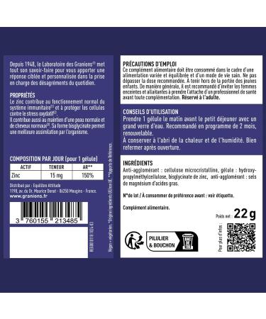 ZINC - GRANIONS - Zinc Bisglycinate 15 mg - Zinc Dietary Supplement - 2 Month Format - Zinc Biglycinate - Immunity Acne Face - Optimal Bioavailability - 60 Capsules - Buy Online on GoSupps.com