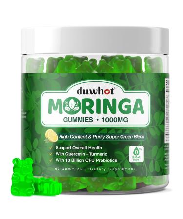 Moringa Gummies for Women Men, Pure Organic Moringa Leaf Extract Supplement with Vitamin C & E, Turmeric, Ceylon Cinnamon, Probiotics for Gut & Immune Health, Supergreen, Sugar-Free, Vegan, 60 Chews