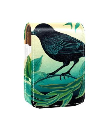 Lipstick Case Leather Lip Gloss Lipstick Organizer with Mirror Mini Lipstick Holder Bag Crow Bird Feather Leaves J797f9dbfj