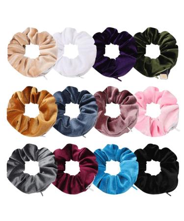12 pieces velvet hair rubber with zip pocket elastic hidden bag hair tie with zip pocket for women and girls gift hair accessories