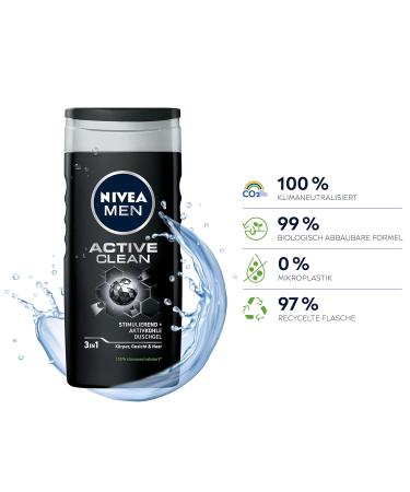 Nivea Men Active Clean Shower Gel 250ml | pH-Friendly Formula | Activated Carbon for Body Face & Hair | Masculine Fragrance | New Version - Buy Online on GoSupps.com