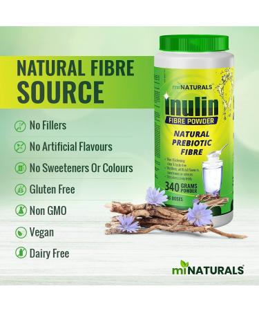 Pure Inulin Fiber Powder Natural Prebiotic Fibre Supplement Clear and Taste Free Increases good bacteria Made from Chicory Root - 106 DOSES - 340 grams - by miNATURALS - Buy Online on GoSupps.com