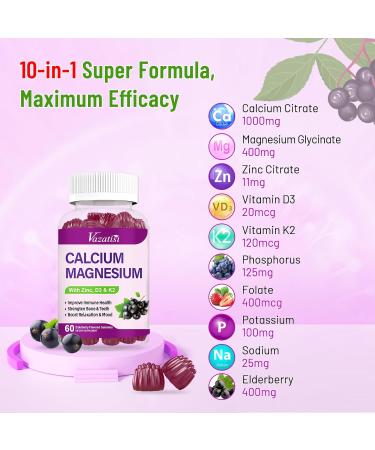 Calcium Magnesium Zinc Gummies with Vitamin D3 and K2 High Absorption Magnesium Glycinate Potassium for Immune and Muscles Vegan Elderberry Flavor 120 Gummies Sweet Elderberry 60 Count (Pack of 2) - Buy Online on GoSupps.com