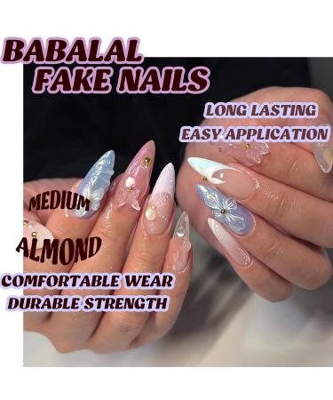 BABALAL 24Pcs Almond Press on Nails - Medium 3D Silver Chrome Flower Butterfly Design | Handmade Coquette Stiletto Glue-ons - Premium Acrylic Manicure ANa101 - Buy Online on GoSupps.com
