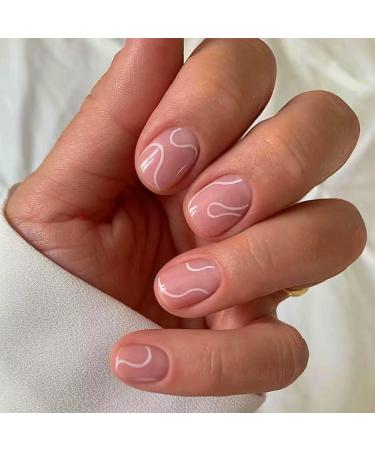 24Pcs French Tip False Nails Short Square Nude Press on Nails with Design Glossy Acrylic Full Cover Fake Nails Abstract Lines Stick on Nails for Women Girls Nail Art Accessories Pink Curve