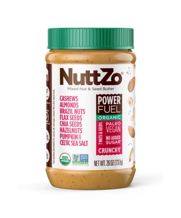 Organic Power Fuel Crunchy Nut Butter by NuttZo | 7 Nuts & Seeds Blend, Paleo, Non-GMO, Gluten-Free, Vegan, Kosher | 1g Sugar, 6g Protein | 26oz Jar