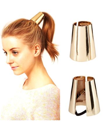 2 Pack Metal Ponytail Hair Ring for Long Hair Horsetail Buckle Simple Smooth Horn Rubber String Elastic Hair Ties Ponytail Hair Cuff Alloy Hair Bands (Gold)
