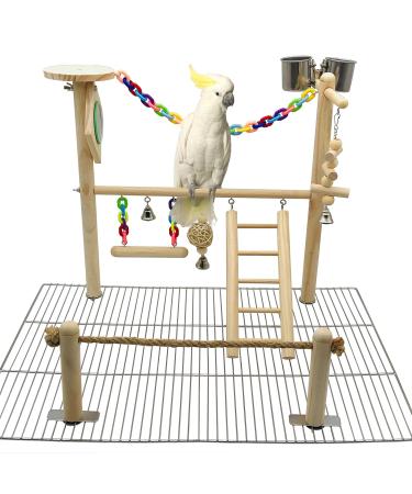 Bird Playground for Top of Cage, Parrot Gym Hanging Chewing Toys, Cage Top Play Stand for Conure, Parakeets, Budgie, Cockatiels, Lovebirds, Bird Wood Perch Cage Toys Set