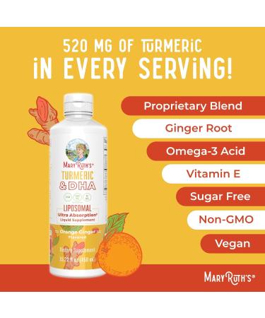 MaryRuth Organics | Liposomal Turmeric & DHA | Curcumin | Ginger Root Oil | Algal DHA & Vitamin E | Cognitive Function | Mood Support | Joint Health | Liquid Supplement | 15.22 oz - Buy Online on GoSupps.com
