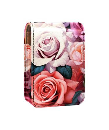 Lipstick Case Leather Lip Gloss Lipstick Organizer with Mirror Mini Lipstick Holder Bag Colorful Rose Flower Art Pattern T573k2wvlx
