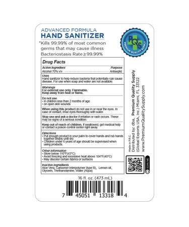 Hear Clear PQS 16oz Hand Sanitizer Gel - 70% Alcohol with Aloe & Lemon Scent | 12 Bottles - Buy Online on GoSupps.com