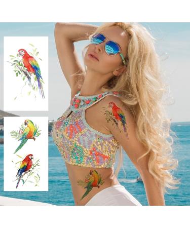 Watercolor Parrot Temporary Tattoos - Colorful Flower Macaw Fake Tattoos for Women and Girls - Buy Online on GoSupps.com
