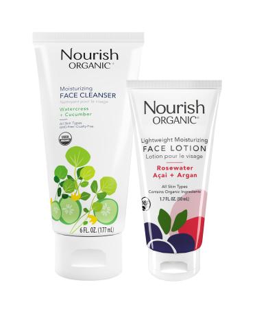 Nourish Organic Face Cleanser + Face Lotion Set Lightweight Moisturizing Formulas with Hydrating Aloe Vera and Replenishing Botanicals