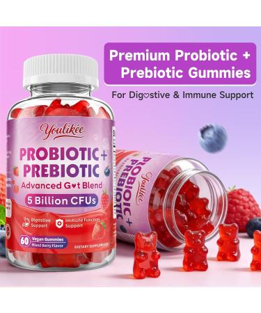 Youlikee Prebiotic + Probiotic Gummies for Women and Men Probiotic Gummies for Gut Health Support 5 Billion CFUs with Fibers Vegan Sugar-Free 60 Count - Buy Online on GoSupps.com