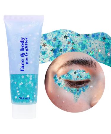 Prreal Body Glitter Gel 50ml Face Glitters Body Gel Sequins Shimmer Liquid Eyeshadow Chunky Glitter for Face Hair Nails Hologrographic Cosmetic Laser Powder Festival Glitter Makeup#Lake Blue