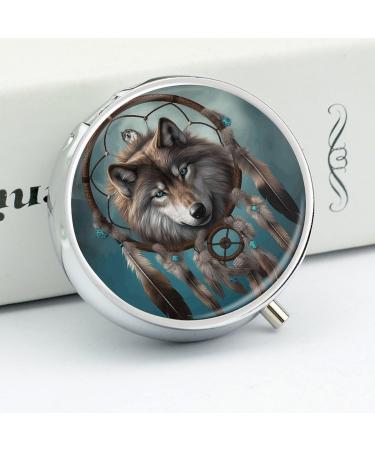 3D Wolf Dream Catcher Round Pill Box - Portable 3 Compartment Medicine Organizer | Decorative Metal Pocket Pill Case - Buy Online on GoSupps.com