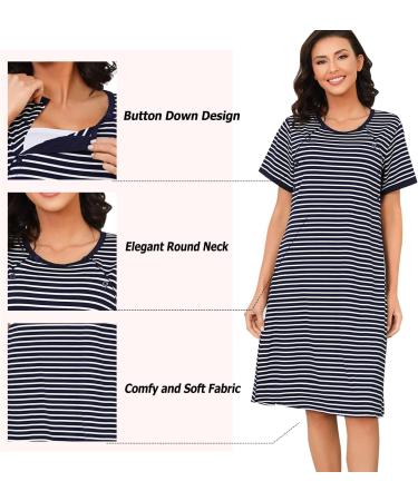 Sykooria Women's Maternity Nightdress Breastfeeding Nightwear - Short Sleeve Nursing Nightgown in Stripe Dark Blue XL - Buy Online on GoSupps.com