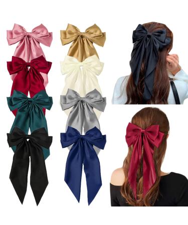 8 pcs 8 Inches Big Bows Hair Clips Large Hair Barrettes with Long Silky Satin Fashion Hair Ribbon Bowknot Accessories for Women Girls