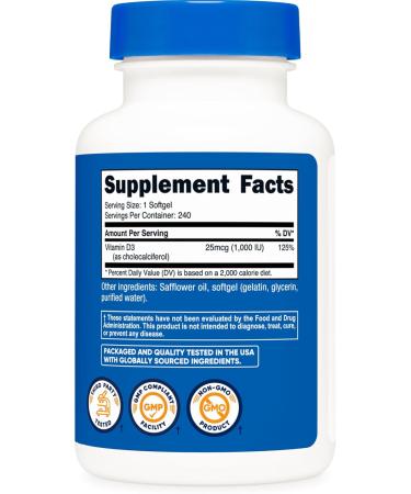 Nutricost Vitamin D3 1000 iu Softgels 240 Softgels - Non-GMO & Gluten Free - Buy Online on GoSupps.com