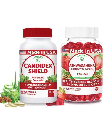 Lunakai USA Made Candida & Ashwagandha Gummies Bundle Gut Health and Stress Support 60 Ct Each