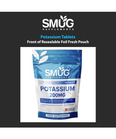 SMUG Potassium Tablets - 120 High Strength 200mg Pills - Supports Blood Pressure and Muscle Function - Vegan Friendly - Made in Britain - Buy Online on GoSupps.com