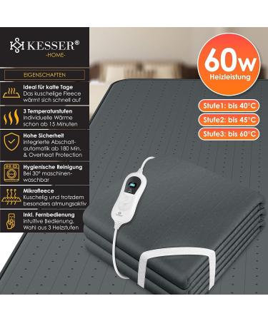 Kesser Heat Under Bed 150x80cm with Remote Control | Soft Fleece Heating Blanket | 3 Temperature Levels | Automatic Switch-Off | Heat Pad for Mattress - Anthracite - Buy Online on GoSupps.com