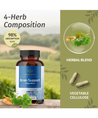 HERBAMAMA Brain Support Capsules - 1400mg Brain Support Supplement for Adults with Bacopa Panax Ginseng and Ginkgo Biloba - Vegan Non-GMO Focus Supplement 100 Caps 100 Count (Pack of 1) - Buy Online on GoSupps.com