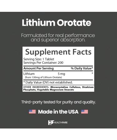 HealthFare Lithium Orotate Supplement 130mg | 200 Vegetarian Tablets | High Bioavailability Trace Mineral | Mood Brain & Memory Support | Non-GMO Gluten-Free | Made in USA - Buy Online on GoSupps.com
